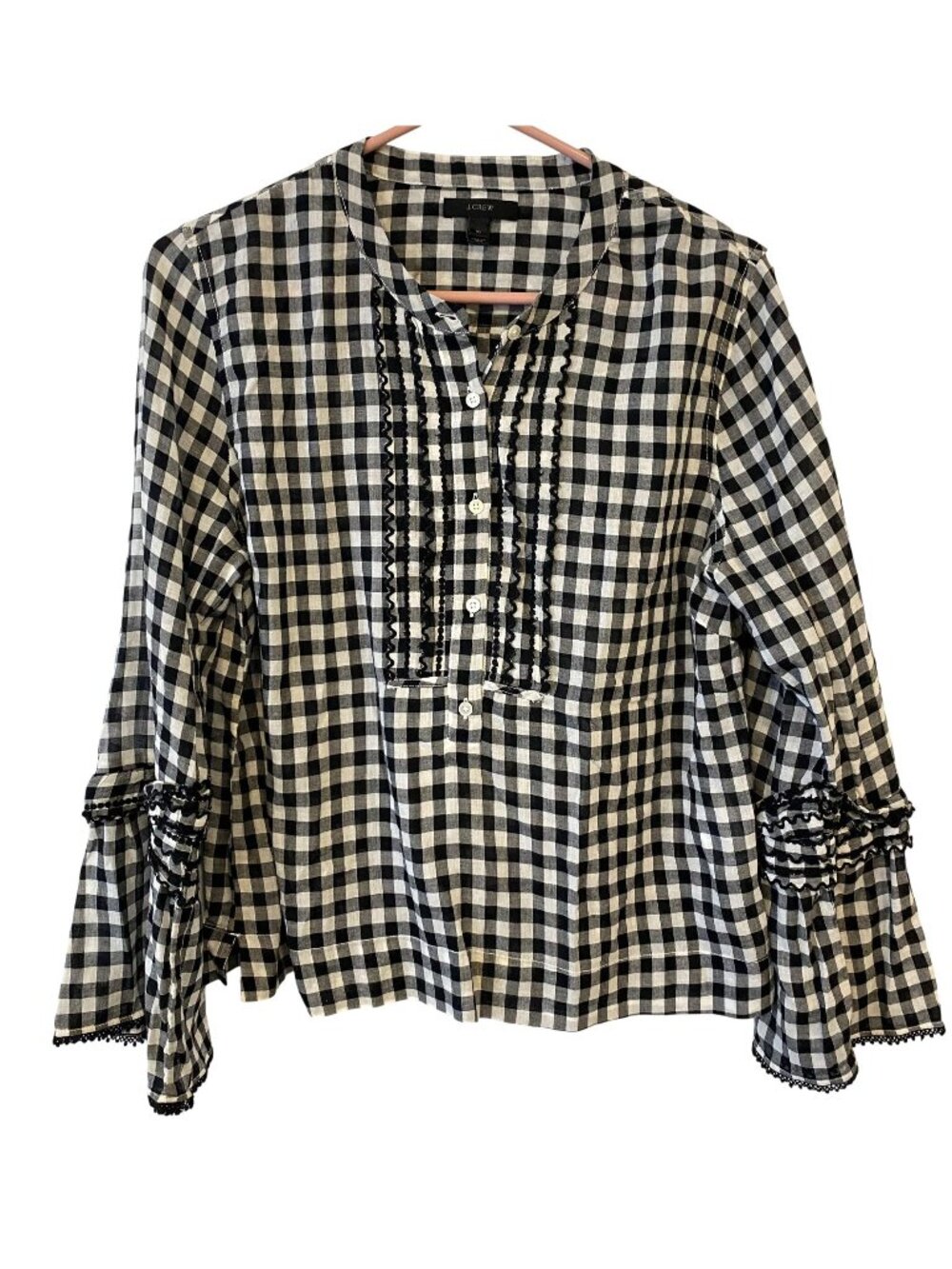 J.Crew Womens 10 Black White Gingham Cotton Blouse Ruffle Sleeve Cottagecore